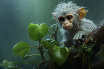 Image of cute baby leaf monkey on tree on nature background. Wildlife Animals. Generative AI. Illustration.