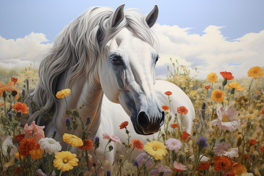 Image of white horse is in the garden with beautiful flowers in which the background is a sky. Wildlife Animals. Generative AI. Illustration.