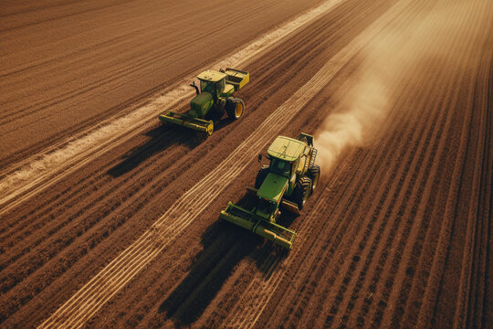Top view of tractors doing the harvest in the field, aesthetic look