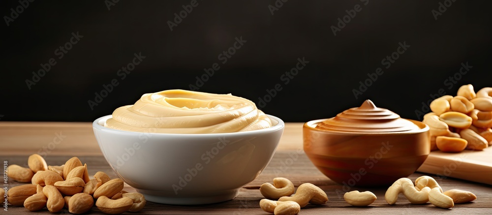 Aufkleber a small bowl of creamy peanut pasta, along with a bowl of peanut butter and peanuts, is placed on a 