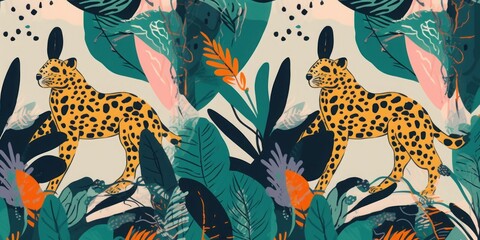Fototapeta na wymiar Hand drawn abstract jungle pattern with tigers. Creative collage contemporary seamless pattern. Natural colors. Fashionable template for design, Generative AI