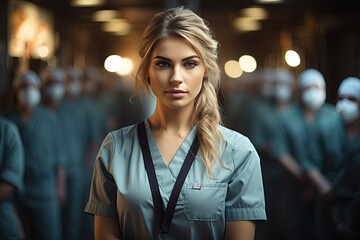 medical workers heroes. a nurse in the foreground in a mask and uniform holds her hands in the shape of a heart. go to a lot of medical professionals.Generated with AI