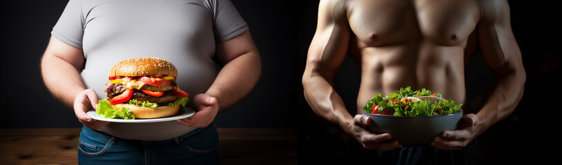 healthy versus unhealthy diet, burger versus salad