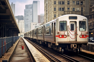 Fototapeta na wymiar Trains arriving railway station between buildings in downtown Chicago, Illinois, Public transportation, or American city life