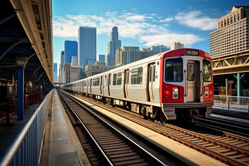Trains arriving railway station between buildings in downtown Chicago, Illinois, Public transportation, or American city life