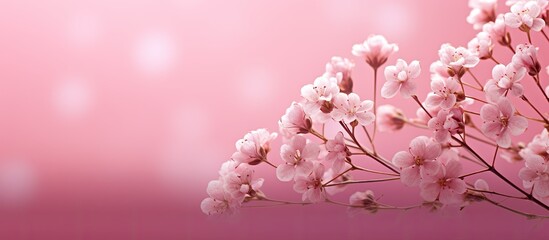 Small pink baby's breath flowers positioned on a soft pink background with a blurry effect are ideal for backgrounds, wallpapers, and can be used as a banner for website headers. Copy space