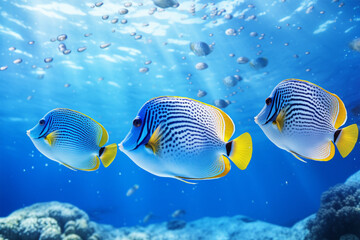Tropical fish blue tang swimming in a blue water. Underwater world. - obrazy, fototapety, plakaty