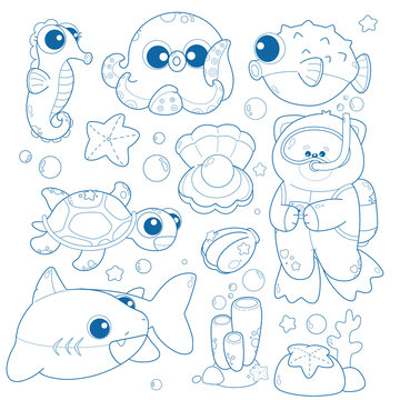 set of funny doodle fish, sea fish,diver