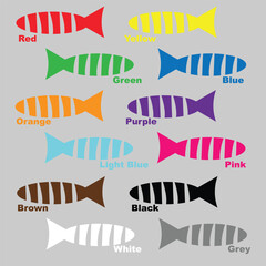 Learning colors for children, fun education game for kids, colorful fishes, preschool worksheet activity, vector