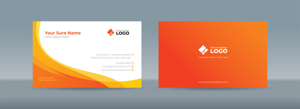 Set of double sided business card templates with abstract curves on orange and white background