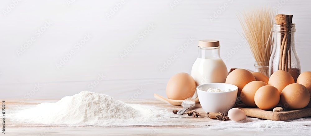 Poster baking supplies such as flour, eggs, and sugar are displayed on a light white wooden surface along w