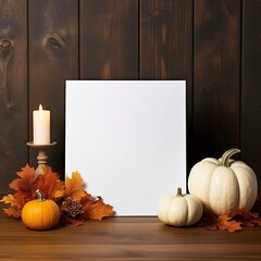 White canvas on the table side view in a festive halloween setting. Pumpkins, leaves, decorations. Autumn concept.