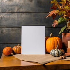 White canvas on the table side view in a festive halloween setting. Pumpkins, leaves, decorations. Autumn concept.