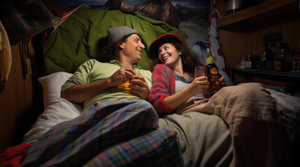 Obraz na płótnie Canvas Couple drinking beer in their bed.