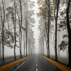 Road through foggy autumn forest. Fog on the road. Yellow leaves. Autumn. generative AI