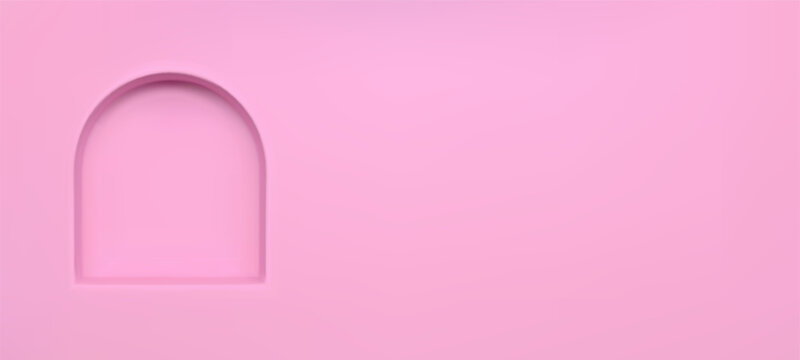 Pink arch niche shelf wall for gallery or museum. 3d store interior with recess for exposition display place. Advertising presentation rack hole backdrop template mockup. Open candy pastel stand.