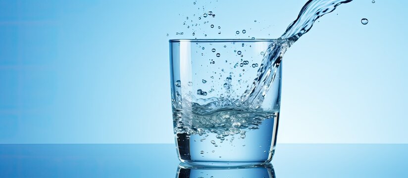 A glass on a blue background is being filled with a jet of water. empty space beside it for additional text or images.