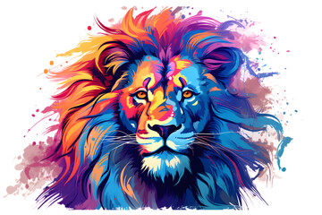 Lion painting poster in purple and green colors isolated on white background