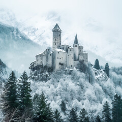 Naklejka premium Ancient castle, on the background of alpine rocks, high towers with sharp spiers, among snowy trees, white and gray-blue tones