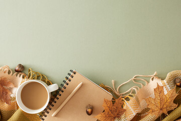Welcome the cozy season. Top view shot of warm coffee, comfortable blanket, acorns, notebook, pen,...