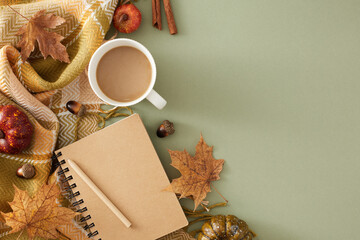 Enjoy the autumn vibes. Top view shot of hot chocolate, warm blanket, pumpkins, notebook, pen,...