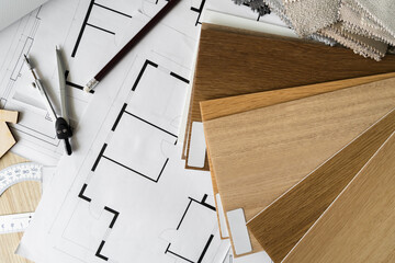 Wooden flooring samples, home floor plans, building structural blueprint projects, accessories for...