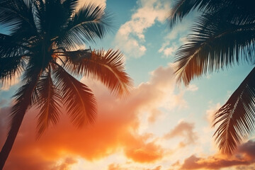 Tropical palm tree with sun light on sunset sky and cloud abstract background, aesthetic look