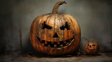 Evil halloween orange pumpkin on dark background, jack o lantern.