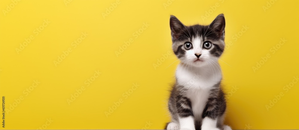 Aufkleber A small gray and white kitten with a curious facial expression is sitting on a yellow background. The cat is isolated and empty space around it.