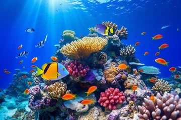 Fototapeten Tropical sea underwater fishes on coral reef, Aquarium oceanarium wildlife colorful marine panorama landscape nature snorkeling diving, aesthetic look © alisaaa