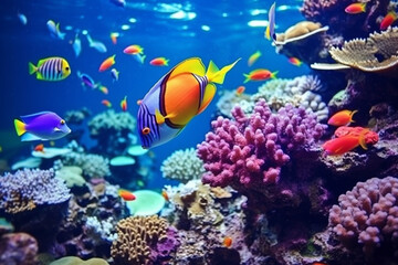 Naklejka na ściany i meble Tropical sea underwater fishes on coral reef, Aquarium oceanarium wildlife colorful marine panorama landscape nature snorkeling diving, aesthetic look
