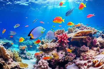 Fototapeta na wymiar Tropical sea underwater fishes on coral reef, Aquarium oceanarium wildlife colorful marine panorama landscape nature snorkeling diving, aesthetic look