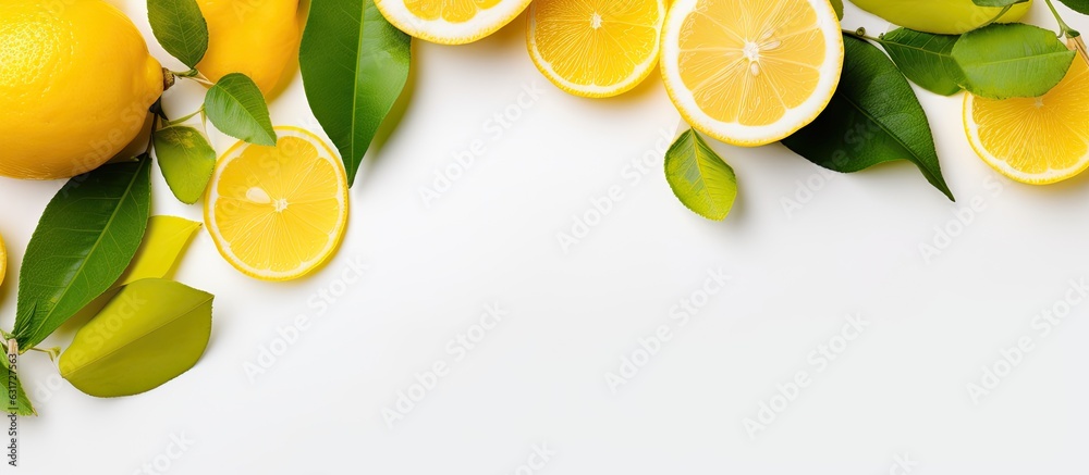 Poster the picture shows a top view of fresh organic yellow lemon lime fruit with a sliced fruit and green 