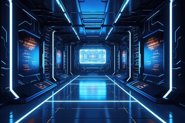 Futuristic dark blue spaceship interior with glowing windows 3D rendering. Generative Ai