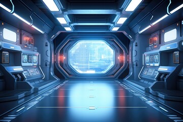 Spaceship interior with blue and red lights. 3D rendering. Generative Ai