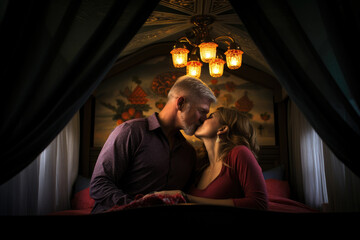 Obraz na płótnie Canvas a Couple kissing on their bed