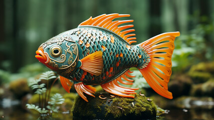 Fototapeta premium Japanese pottery Ornate fish sculpture on wet forest background