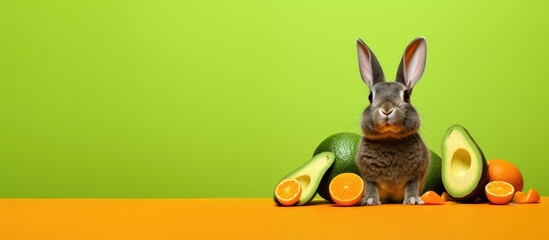 Fototapeta na wymiar A bright and vibrant Easter design featuring a bunny made out of green avocados, adorned with the colors green and orange. The minimalistic background allows the pattern to stand out, with a front
