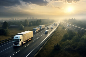 Trucks, lorries and traffic on newly laid highway, motorway - obrazy, fototapety, plakaty