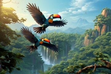 Close-up of two toucan flying outdoors - obrazy, fototapety, plakaty