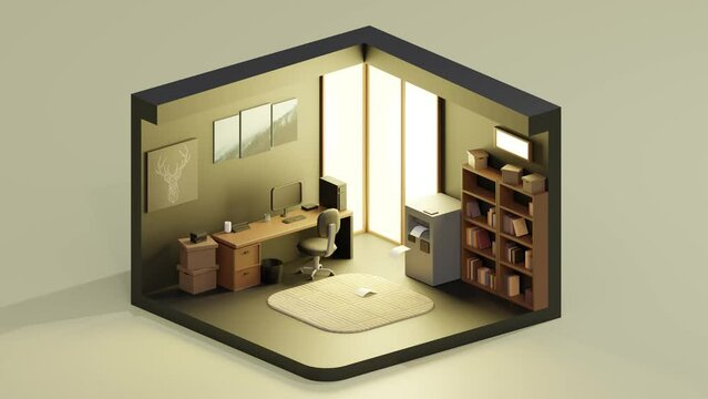3D animation loop of minimal and elegant home office interior. Isometric view