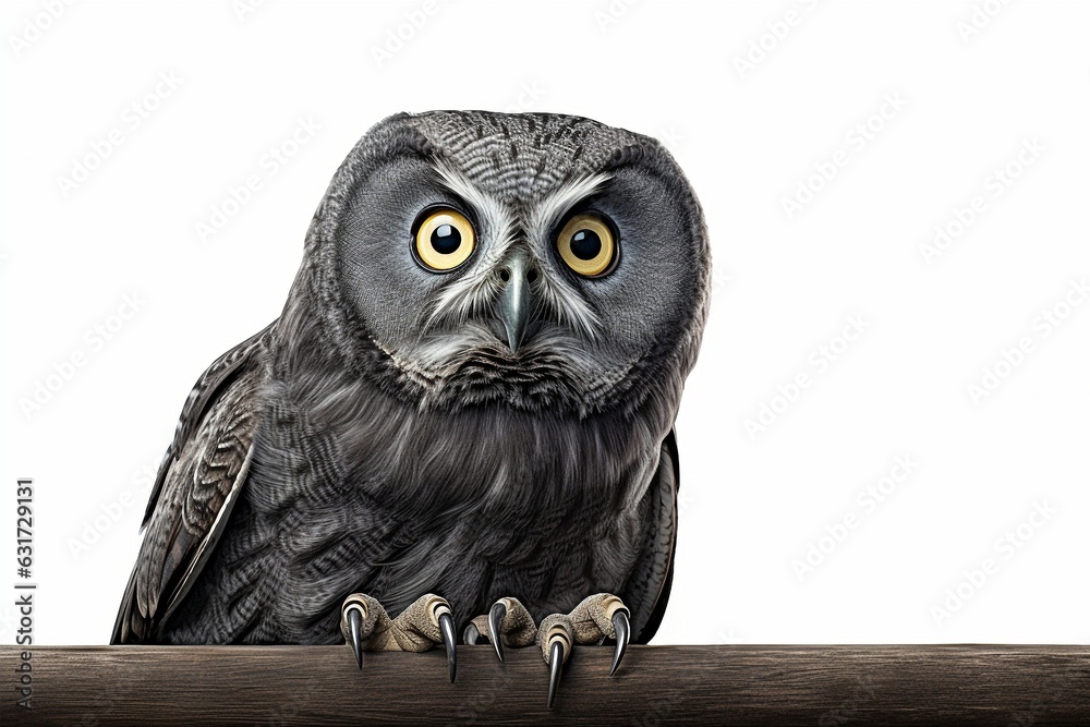 Poster owl sits on a branch isolated on white background.