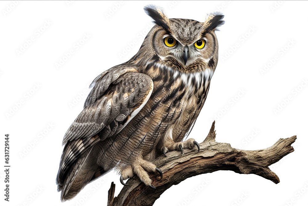 Poster owl sits on a branch isolated on white background.