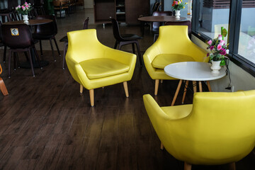 Luxury leather sofa wood arm in vintage cafe
