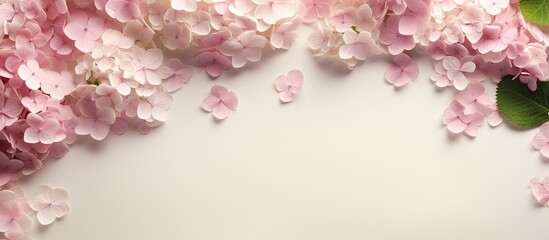 A gorgeous spring background featuring pink flowers. The pattern showcases hydrangeas on a beige backdrop. perfect spring or summer background with ample space for text. The flat lay design offers