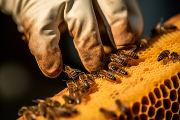 Beekeeper in protective suit working on bee hive with honey bees. Generative AI - 631730138