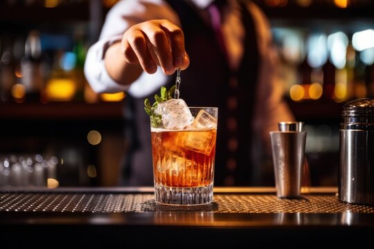 Professional bartender pouring and preparing cocktails at bar counter. Details of mixology
