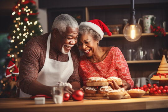 Elderly couple or senior adults baking Christmas cookies at home. Generative AI