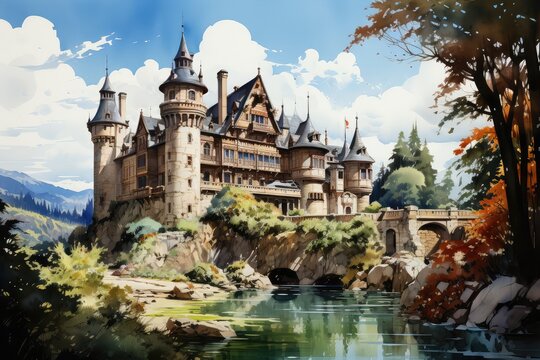 beautiful watercolor castle illustration. Generative AI