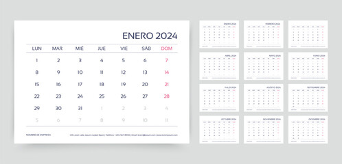 2024 Spanish calendar. Calender layout. Planner template with 12 month. Week starts Monday. Yearly stationery organizer. Table schedule grid. Horizontal monthly desk diary. Vector simple illustration